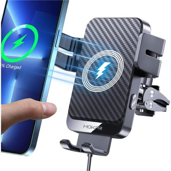 Wireless Car Charger, MOKPR 15W Fast Charging Auto-Clamping Charger Phone Mount - Picture 1 of 7
